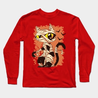 Mummy Cat Funny Halloween Cartoon Design Long Sleeve T-Shirt